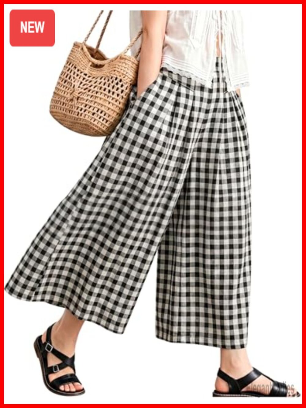 Wide Leg Culottes Pants High Waisted Pleated Gingham Check Trousers with Pockets